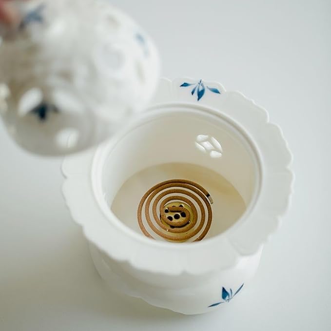 Handcrafted Ceramic Incense Burner (Hand-Painted Orchid), Three-Legged Incense Holder for Coil, Stick or Incense Seal, Elegant Chinese Incense Holder for Home Fragrance Decor