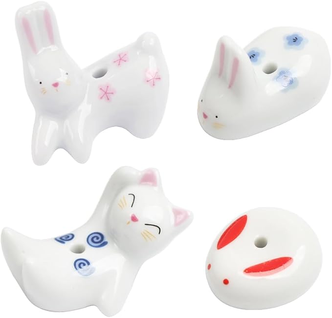 Opexicos 4Pcs Rabbit Cat Ceramic Incense Holder Cute White Animals Incense Sticker Holder Fun Home Decorative Ornaments for Home Room Decoration Yoga Spa Meditation