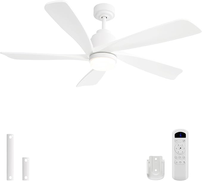 Sofucor White Ceiling Fan with Lights and Remote, 52 Inch Modern Wood Ceiling Fan for Indoor Farmhouse Bedroom Living Room Outdoor Patio Porch, Quiet, Reversible DC Motor