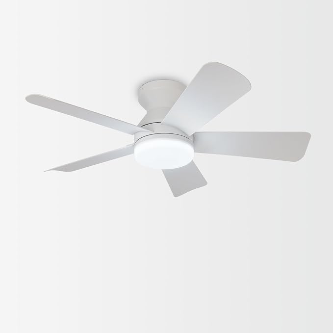 Depuley Modern Ceiling Fan with Light: 35-Inch White Small Fans for Bedroom Indoor Outdoor - Dimmable Low Profile Ceiling Fans with Remote Control Flush Mount 5 Reversible White Blades 6 Speeds Timer