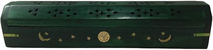 POSHNPRETTY Handmade Celestial Coffin Wooden Incense Box Burner with Brass Inlay (Green)