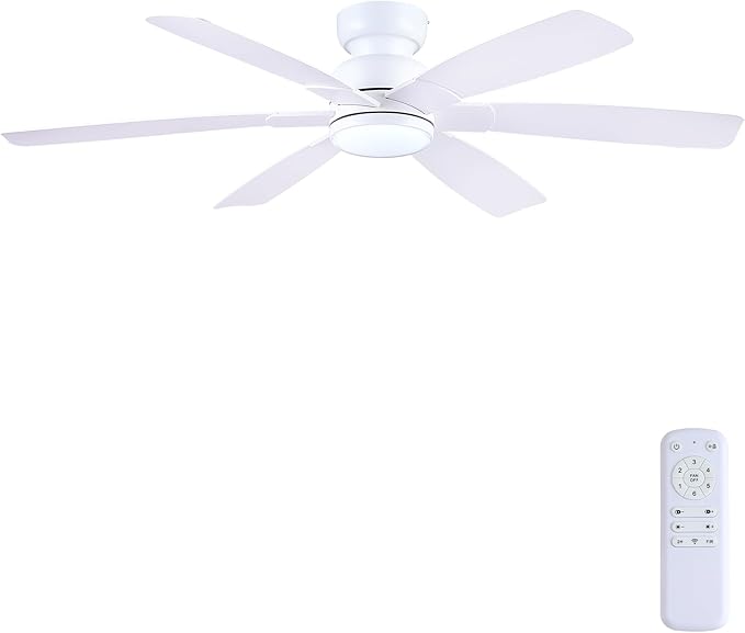 Kviflon 52 Inch Modern Ceiling Fans with Lights Remote Control, Low Profile Flush Mount, 6 Reversible Plastic Blades, 6 Speeds, 3CCT Dimmable LED Lights for Bedroom Kids Room, White