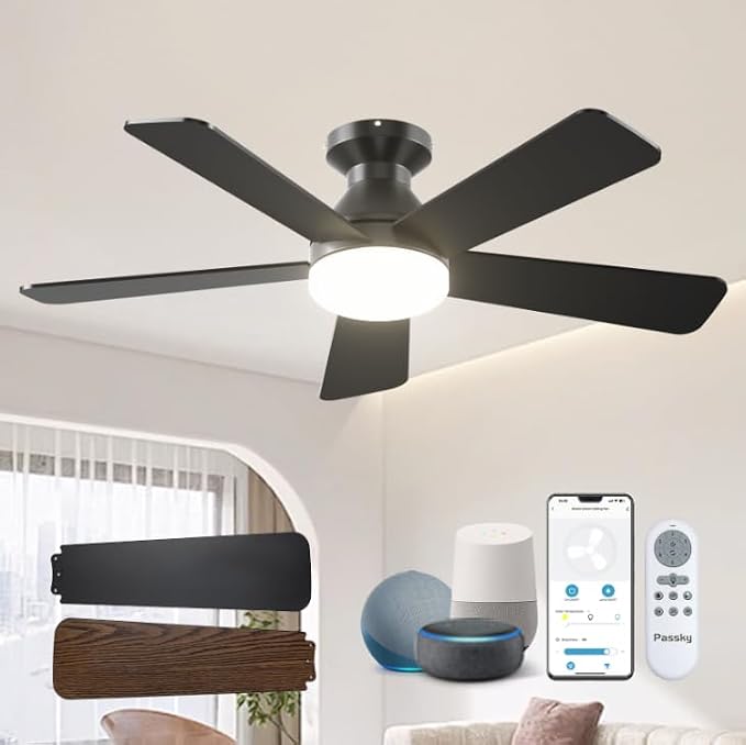 Passky Ceiling Fans with Lights, 42 Inch Smart Ceiling Fan with Remote/APP/Alexa Voice Control, Flush Mount, 3CCT, Reversible, Dimmable, Quiet, Small Sleek Ceiling Fan for Bedroom, Living Room, Black