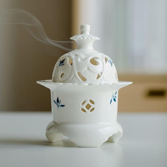 Handcrafted Ceramic Incense Burner (Hand-Painted Orchid), Three-Legged Incense Holder for Coil, Stick or Incense Seal, Elegant Chinese Incense Holder for Home Fragrance Decor