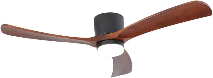 GESUM 52" Ceiling Fan With Lights Remote Control, Low Profile Ceiling Fan with 3 Walnut Wood Blades, Reversible,Dimmable, Flush Mount Ceiling Fans for Living Room Kitchen Bedroom(Black+Walnut)