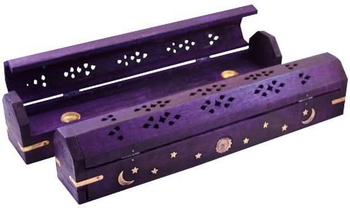 POSHNPRETTY Handmade Celestial Coffin Wooden Incense Box Burner with Brass Inlay (Purple)