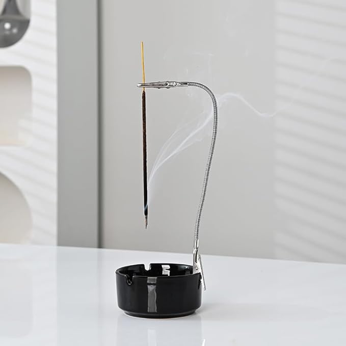 Modern Incense Holder with Flexible Metal Stand, Ceramic Ash Collector Base, Minimalist Design for Home Meditation and Aromatherapy. (Black + Clip)
