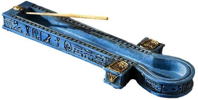 Ebros Gift Egyptian Beautiful Blue Hieroglyphic Symbols Golden Cartouche Ankh Key Incense Stick Burner Holder Figurine Gods of Egypt Talisman of Balance Health and Life Force