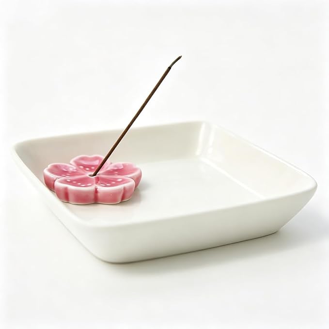 Japanese Ceramic Cherry Blossom Incense Stick Holder or Incense Burner Holder, Simply Unique Ash Catcher Inscent Tray and Decorative Gift, Home Decor 4.53 inches, White