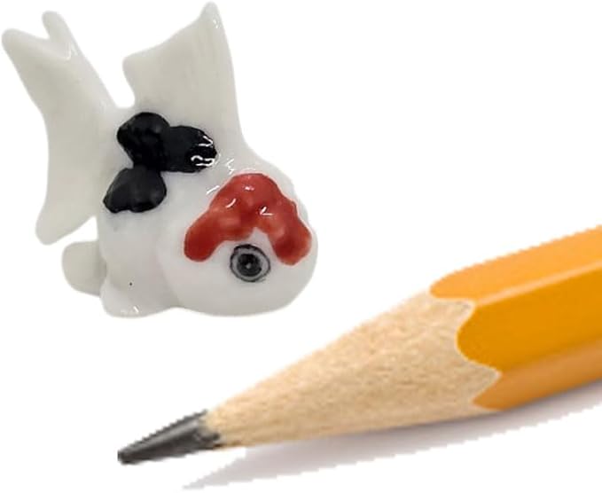 WitnyStore Tiny ⅞ Inch White Red Black Oranda Goldfish Figurine - Miniature Hand Made Painted Ceramic Ryukin Fantail Gold Fish Aquarium Animals Cute Porcelain Decorative Collectible Figure Décor Gifts