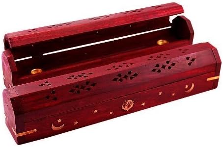 POSHNPRETTY Handmade Celestial Coffin Wooden Incense Box Burner with Brass Inlay (Red)