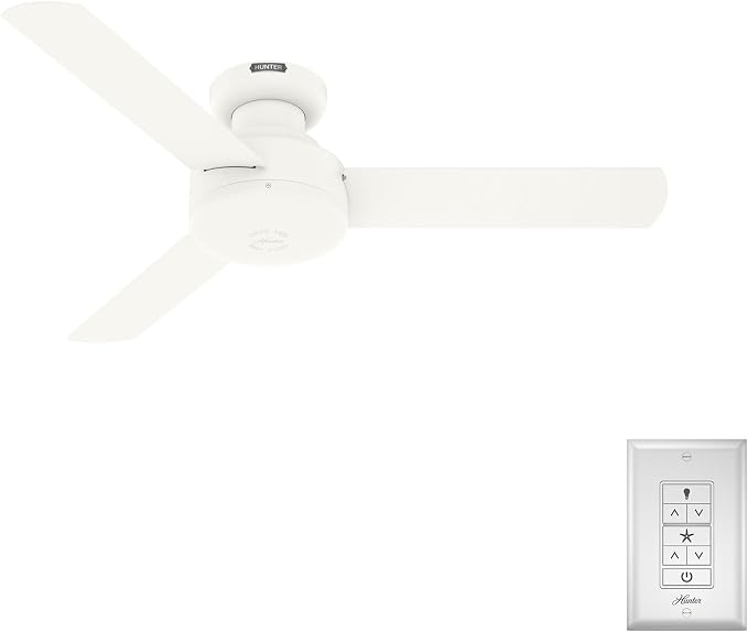 Hunter 44 inch Indoor Ceiling Fan No Light - White Modern Ceiling Fan without Light, 3 Blades, Low Profile Mount, For Bedroom, Living Room, or Kitchen, Wall Control - Presto 52402, Matte White | Flush-mount housing fits rooms under 9 ft; SureSpeed high...