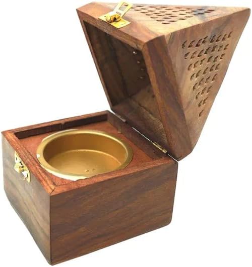 Handmade Wooden Classic Mughal Inspired Pyramid Incense Cone Dhoop Burner Holder with Top Cone Shape Incense Burner Box