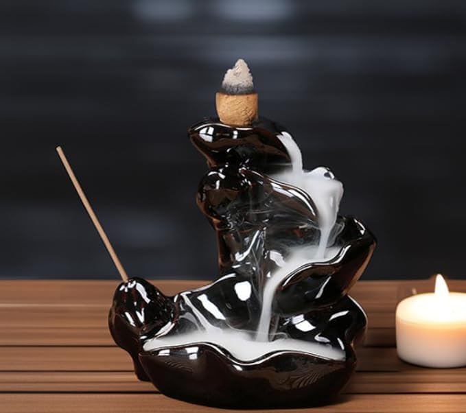 Waterfall Incense Burner, Lotus Backflow Incense Holder Ceramic Censer Cones Sticks Porcelain Holder with 60 Free Mixed Aromatherapy Cones