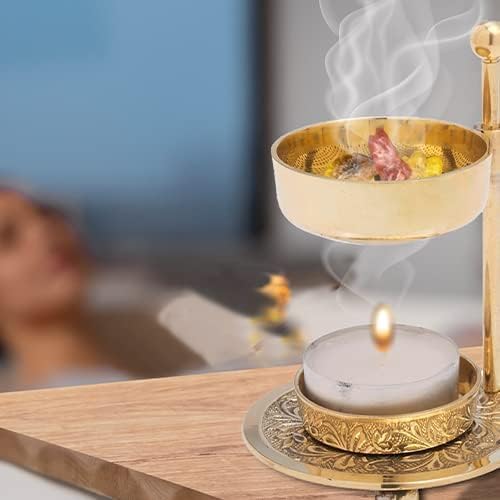 Handmade Gold Brass Incense Burner/Incense Censer with Sieve – Adjustable Height 4.33 Inch Adjustable Incense Heater for Aromatherapy with Tea Light Included (Gold Brass)