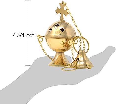 Needzo High Polished Brass Cross Design Hanging Church Thurible Censer with Chain, 4 3/4 Inch