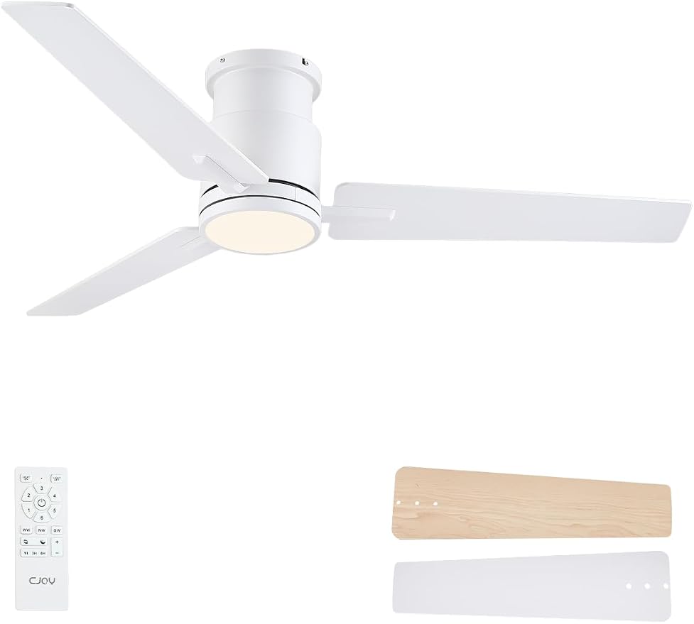 CJOY Ceiling Fans with Lights, 52 Inch Low Profile Ceiling Fans with Light and Remote, Reversible DC, Flush Mount, 3CCT，Dimmable, Modern Indoor/Outdoor Design for Bedroom, Living Room, Patio(White)