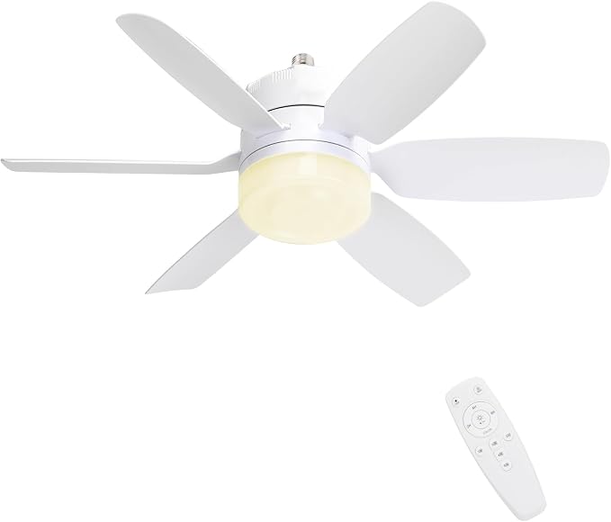 Fanspex 20.5'' Socket Ceiling Fan Light for Home Living Room Bedroom Garage | 5 Fan Speeds with 3 Colors Adjustable Light, 8 Hours Timer, White