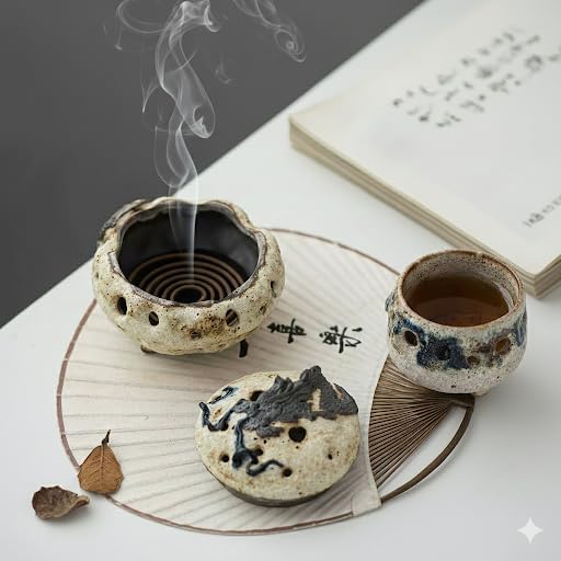 Wabi-Sabi Ceramic Incense Burner - Handmade Old Rock Clay Bowl for Coils, Cones & Agarwood - Zen Meditation Decor