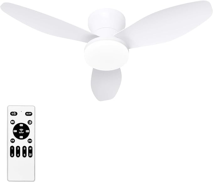 Small Ceiling Fan with Lights, 32 Inch Flush Mount with Remote Control, Reversible Quiet DC Motor, White, 3 Blades, 6 Speeds, Dimmable LED, Adjustable Color Temperature, Timer