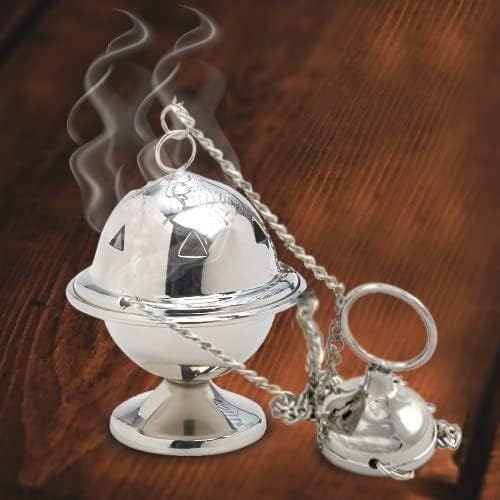 Premium Nickel-Plated Brass Incense Holder [Glossy Silver-Colored, 3.93 Inch] – Censer for Charcoal, Aromatherapy, and Smoking Resins