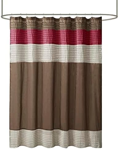 Madison Park Amherst Bathroom Shower Curtain Faux Silk Pieced Striped Modern Microfiber Bath Curtains, 72x72 Inches, Red