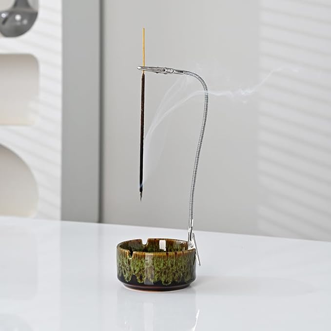 Modern Incense Holder with Flexible Metal Stand, Silver Ash Collector Base, Minimalist Design for Home Meditation and Aromatherapy. (Green + Clip)