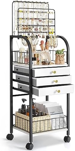 Keebofly Large Floor Jewelry Organizer Stand with 3 Drawers - Black | Mobile Jewelry Tower Holder with Display, Large Capacity Rack for Necklaces & Rings, Perfect Storage Gift for Women