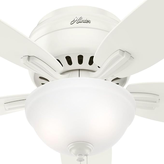 Hunter 52 inch Indoor Ceiling Fan with LED Light - White Ceiling Fan with Pull Chain, For Bedroom or Living Room, Low Profile Flush Mount, No Remote, 5 Blades - Newsome 53313, Fresh White