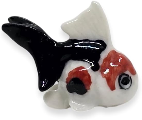 WitnyStore Tiny ⅞ Inch Black White Red Oranda Goldfish Figurine - Miniature Hand Made Painted Ceramic Ryukin Fantail Gold Fish Aquarium Animals Cute Porcelain Decorative Collectible Figure Décor Gifts