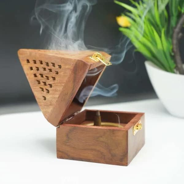 Handmade Wooden Classic Mughal Inspired Pyramid Incense Cone Dhoop Burner Holder with Top Cone Shape Incense Burner Box