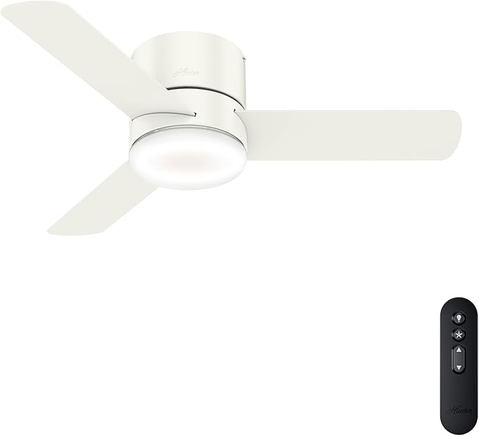 Hunter Minimus, Indoor, Ceiling Fan, with LED Light, 44 inch, Fresh White | Modern, Low Profile Flush Mount, Remote Control, 3 Blades, For Bedroom, Living Room, 59452