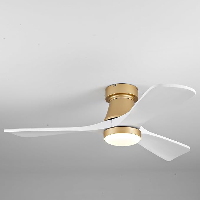 42 Inch Gold Ceiling Fan with Lights, Remote Control, Flush Mount, Dimmable, Reversible,Wood Blades, Power-Off Memory, Quiet DC Motor, Modern Hugger Ceiling Fan for Indoor Outdoor Gold White