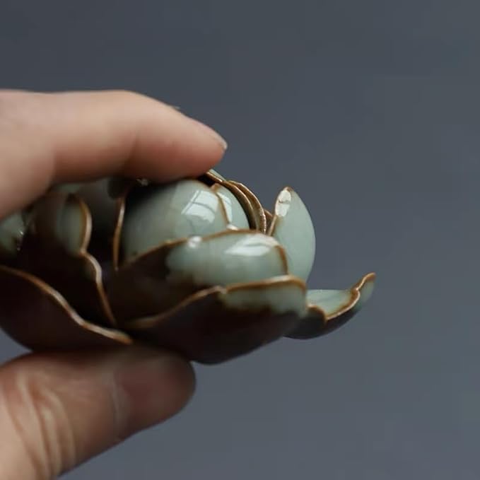 Collectible Handmade Chinese Ceramics, Medium Peony Ceramic Incense Stick Holder, Handicraft Flower Lotus Incense Burner Bowl Ash Catcher Inscent Tray for Home Decor and Gift, 2.55 Inch, Green
