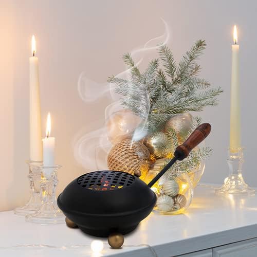 Large Smoking pan [Diameter 4.33 inch, Length Approx. 9.84 inch], Made of Iron, matt Black, with Removable Sieve and Wooden Handle