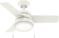 Hunter Aker, Indoor, Ceiling Fan, Modern, Small, 36 inch, Fresh White | with LED Light and Pull Chain, Standard Mount, Quiet, 3 Blades, For Bedroom, Home Office, Laundry Room, 59301