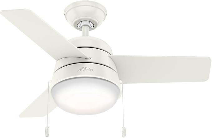 Hunter Aker, Indoor, Ceiling Fan, Modern, Small, 36 inch, Fresh White | with LED Light and Pull Chain, Standard Mount, Quiet, 3 Blades, For Bedroom, Home Office, Laundry Room, 59301