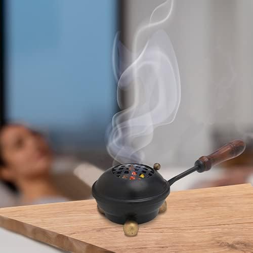 Premium Handmade Black Iron Incense Burner with Wooden Handle and Lid – Removable Screen, 3.15 Inch Diameter, 8.66 Inch Length