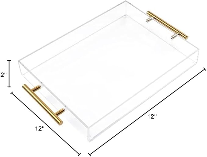 12"x12" Clear Acrylic Serving Tray with Golden Handles, Sturdy Huge Capacity Acrylic Trays for Coffee, Juice, Kitchen and Desk Organizer, Storage Tray (12"x12")
