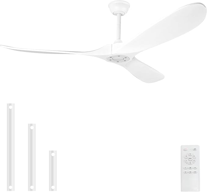 Solid Wood Ceiling Fans no Light, Ceiling Fan with Remote Control,DC Motor with Large Airflow,Indoor and Outdoor Ceiling Fan for Living Room,Bedroom,Patios（White,52 Inch）