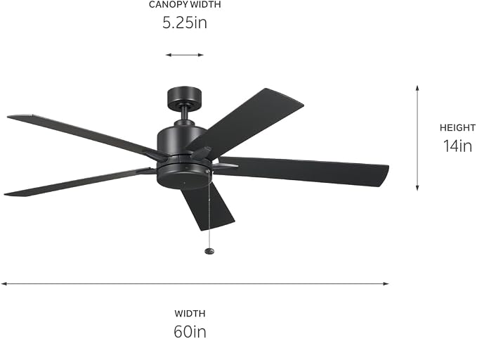 Kichler Lucian II 60 Modern Indoor Ceiling Fan with AC Motor, Pull Chain Control and Contemporary Design in Satin Black for Bedroom or Living Room, 330243SBK