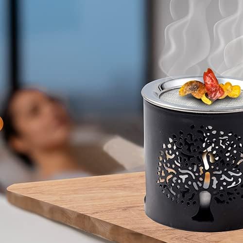 Handmade Black Iron Incense Burner/Incense Censer with Stainless Steel Sieve – 2.36-Inch Height Featuring Tree of Life Motif – Ideal for Aromatherapy and Tea Light Burning. Tealight Included