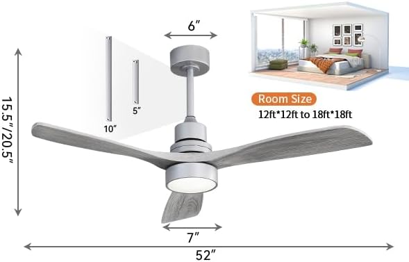 Sofucor 52 Inch Smart Ceiling Fan with Lights, Silver Grey | Alexa/APP/Remote Control, Modern 3 Solid Wood Blade, for Bedroom/Living Room/Kitchen/Dining Room/Patio/Porch