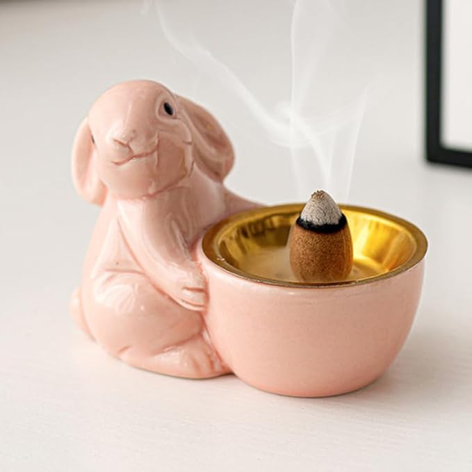 Ceramic Rabbit Incense Burner Rabbit Figurines Statue Ornament Easter Incense Sticks Holder Waterfall Arab Incense Holder for Home Decor (Pink)