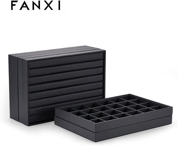 Oirlv Leather Jewelry Display Tray Black | Black Leather Exterior, Soft Velvet Lining, 13.78"X9.45"X1.18" Tray, Versatile Storage for Rings/Earrings/Necklaces