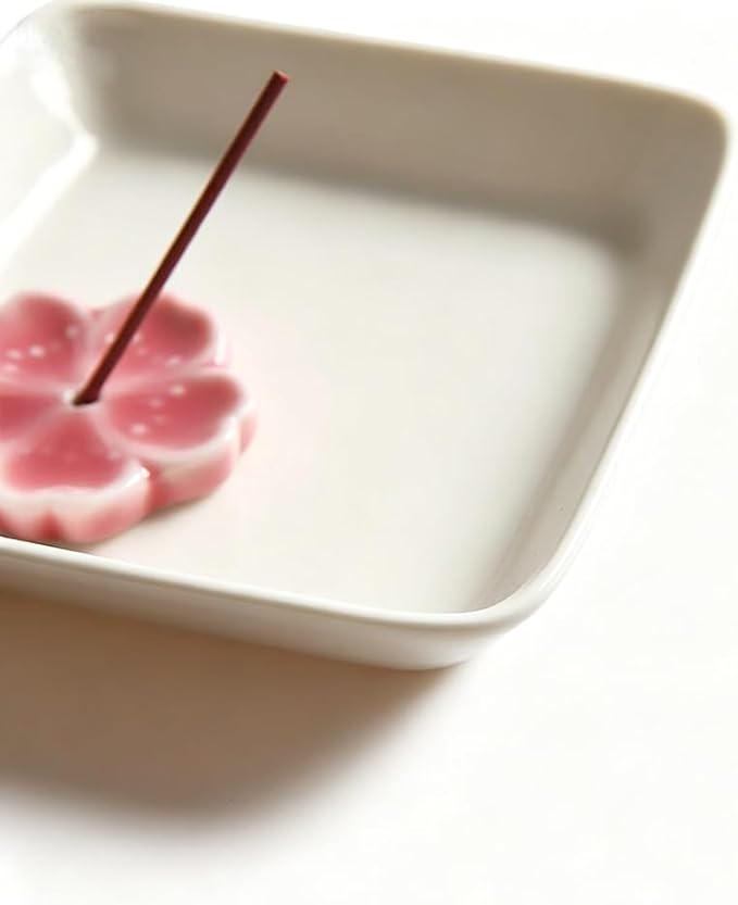 Japanese Ceramic Cherry Blossom Incense Stick Holder or Incense Burner Holder, Simply Unique Ash Catcher Inscent Tray and Decorative Gift, Home Decor 4.53 inches, White
