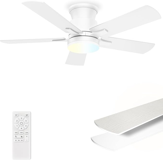 Flush Mount Ceiling Fans with Lights 42 Inch, Remote Control, 3CCT Dimmable, 6 Speeds, Noiseless Reversible DC Motor, Low Profile Hugger White Ceiling Fan for Living Room, Patio, Indoor/Outdoor, ETL