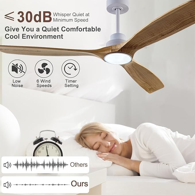 QUTWOB 60" Wood Ceiling Fan with Light, Reversible DC Motor, Remote Control | solid wood blades, quiet 6-speed reversible dc inverter motor, remote control, 3-color led, for indoor outdoor patio bedroom