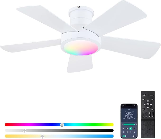 Hounberi 40" RGB Ceiling Fan with Light and Remote, White Low Profile Flush Mount Smart Fan with App Control, Quiet Reversible DC Motor, Modern Dimmable 5-Blade for Bedroom Living Room