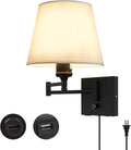 Bedside Wall Mount Light with Dimmable Switch and USB C+A Charging Port, Swing Arm Fabric Shade Wall Sconce Light with Plug in Cord, Black Wall Lamp for Bedroom, Living Room and Hotel